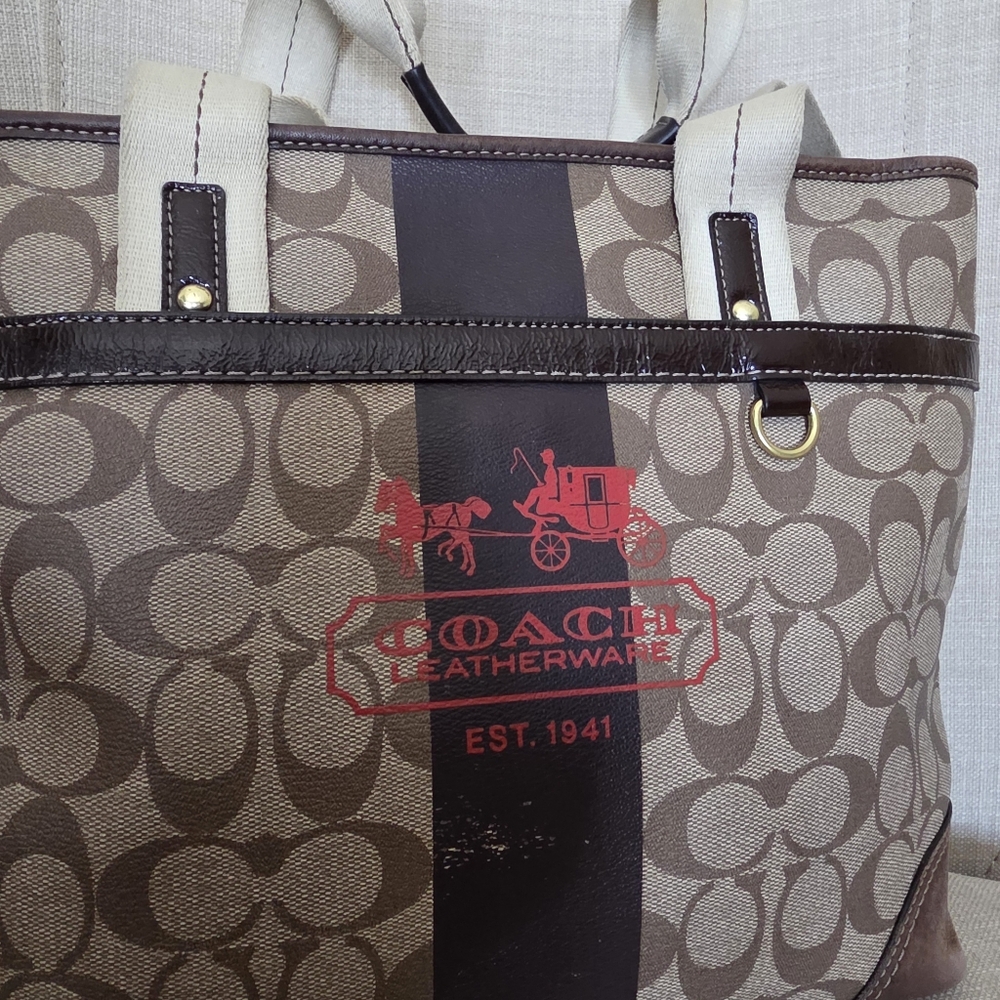 Coach Brown Signature Canvas Tote with Red Logo and Dark Brown Stripe - Picture 6 of 16
